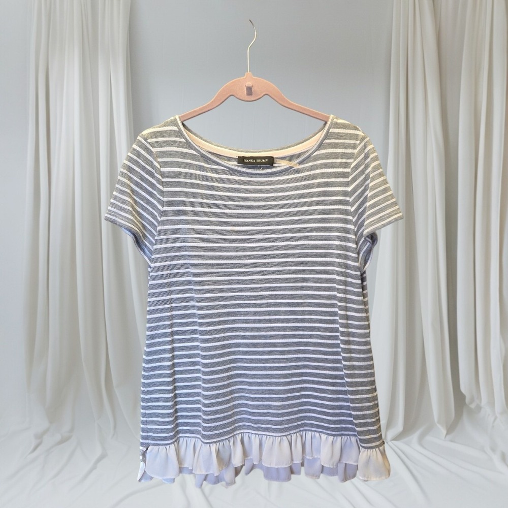 Ivanka Trump Gray & White Striped Ruffle Hem Top | Size Large
